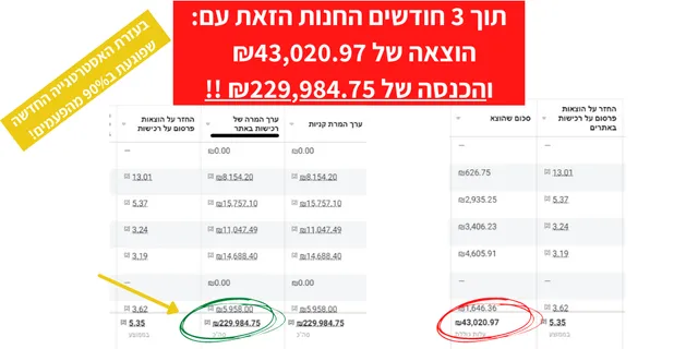 חנות: הוצאה 43,020₪ והכנסה 229,984₪ תוך 3 חודשים